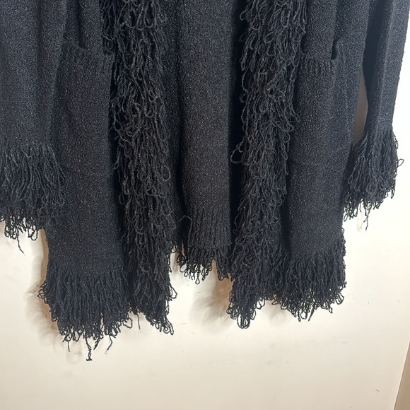 VARIATIONS Soft Black Stretchy Open Front Fringe Long Cardigan Sweater - Picture 4 of 13